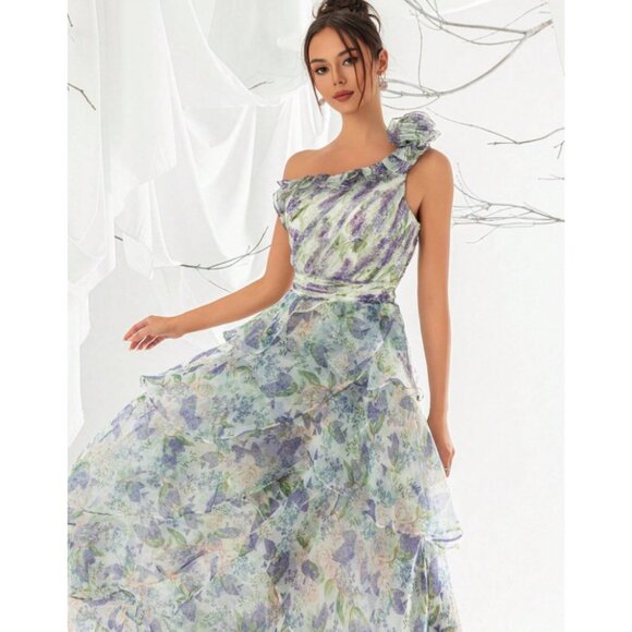ANEWSTA Women Floral Print One Shoulder Ruffle Trim Petal Hem Evening Gown NWT - Picture 14 of 14